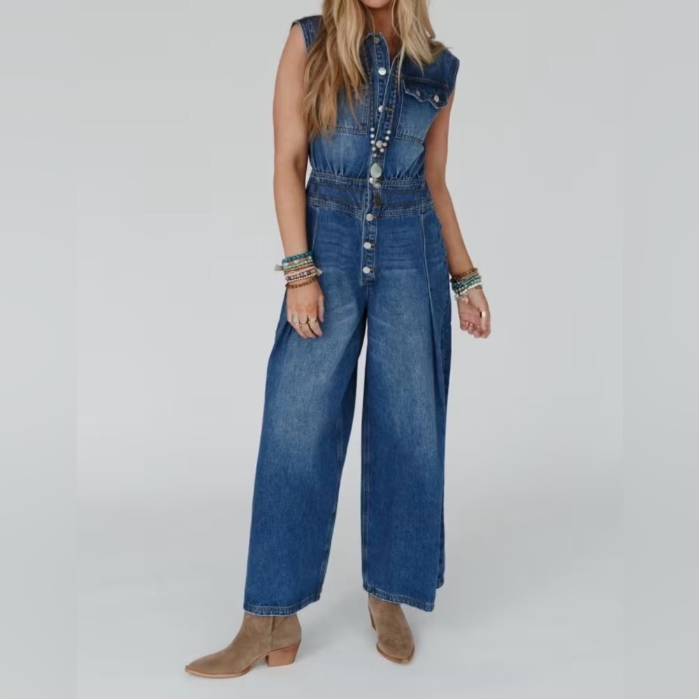 NWT Bluivy Denim Sleeveless Button Up Barrel Horseshoe Jean Jumper Jumpsuit - Picture 6 of 9